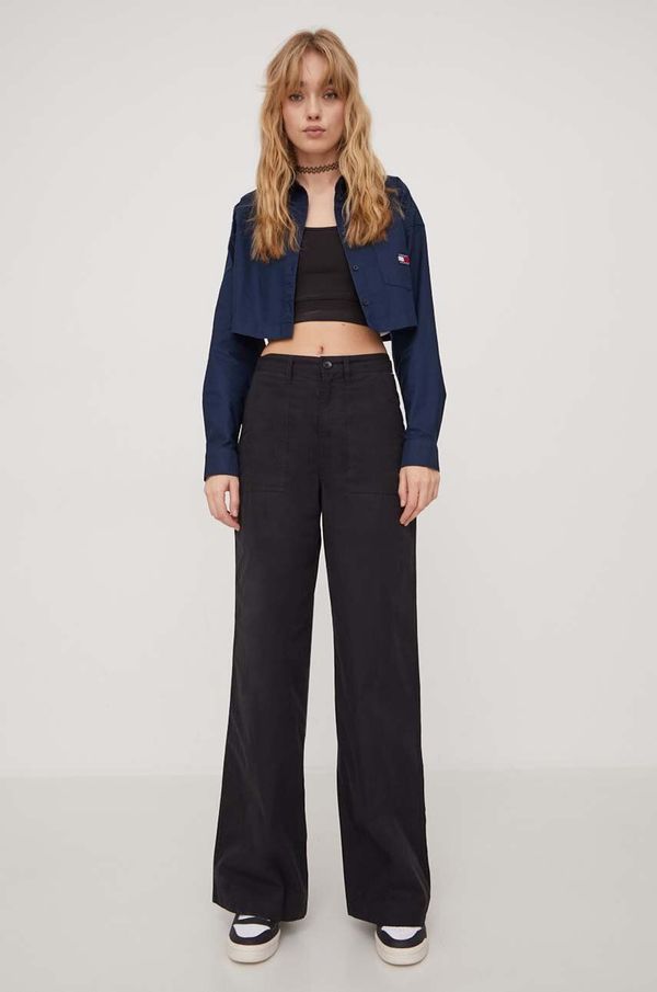 Tommy Jeans Pamučne hlače Tommy Jeans boja: crna, široke, visoki struk