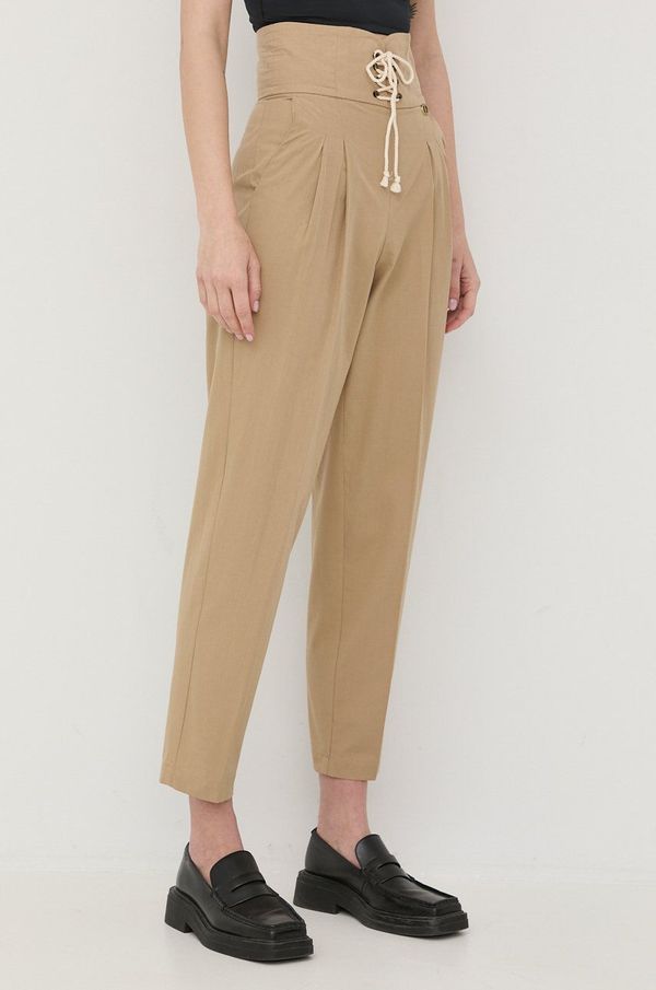 Twinset Pamučne hlače Twinset za žene, boja: bež, chinos kroj, visoki struk