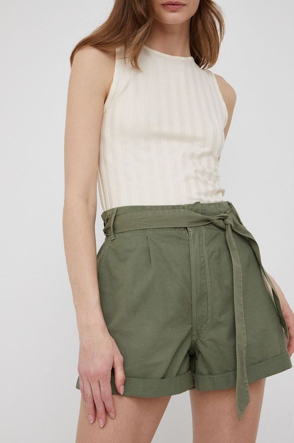 Pepe Jeans Pamučne kratke hlače Pepe Jeans Kaylee Short za žene, boja: zelena, glatki materijal, visoki struk