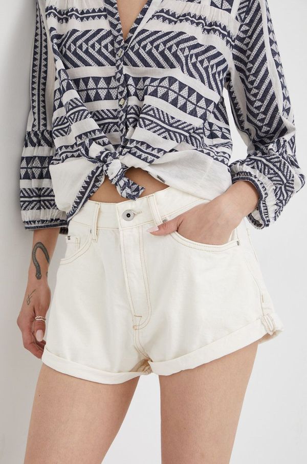 Pepe Jeans Pamučne kratke hlače Pepe Jeans Suzie za žene, boja: bež, glatki materijal, visoki struk