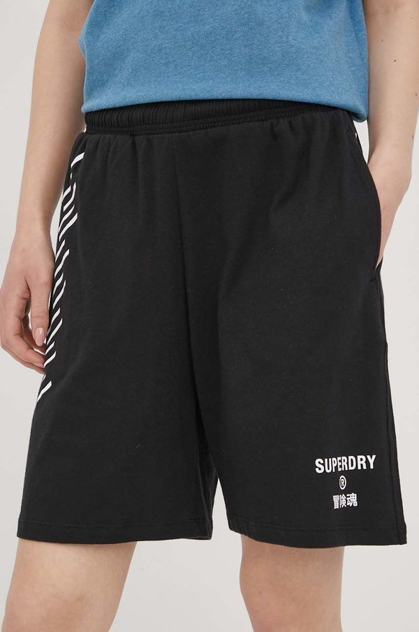 Superdry Pamučne kratke hlače Superdry za žene, boja: crna, s tiskom, visoki struk