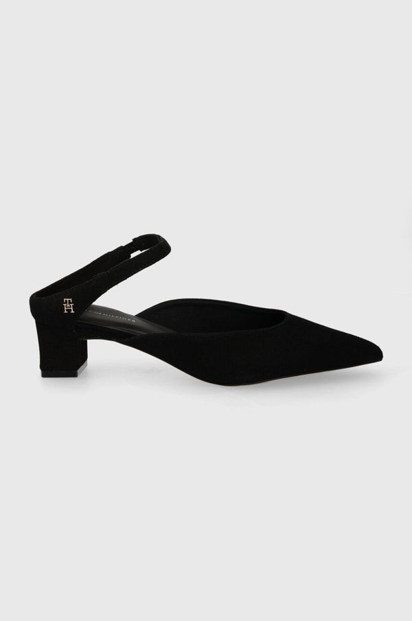 Tommy Hilfiger Štikle od brušene kože Tommy Hilfiger TH POINTY MID HEEL LEATHER MULE boja: crna, s debelom potpeticom, s otvorenom petom, FW0FW07718