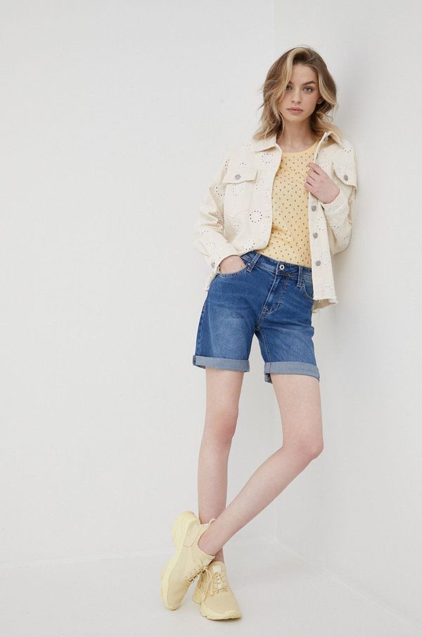 Pepe Jeans Traper kratke hlače Pepe Jeans Poppy za žene, boja: tamno plava, glatki materijal, srednje visoki struk
