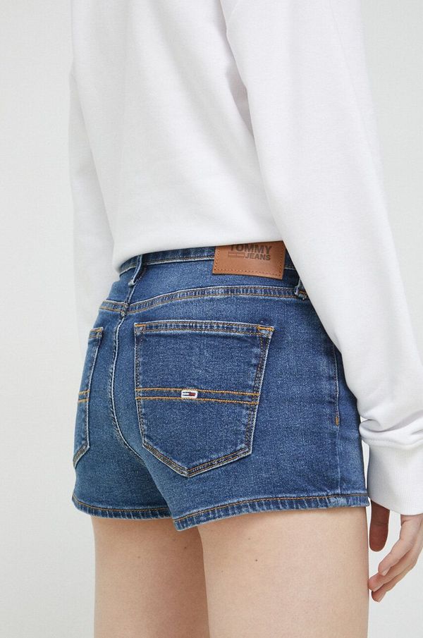 Tommy Jeans Traper kratke hlače Tommy Jeans za žene, boja: tamno plava, glatki materijal, srednje visoki struk
