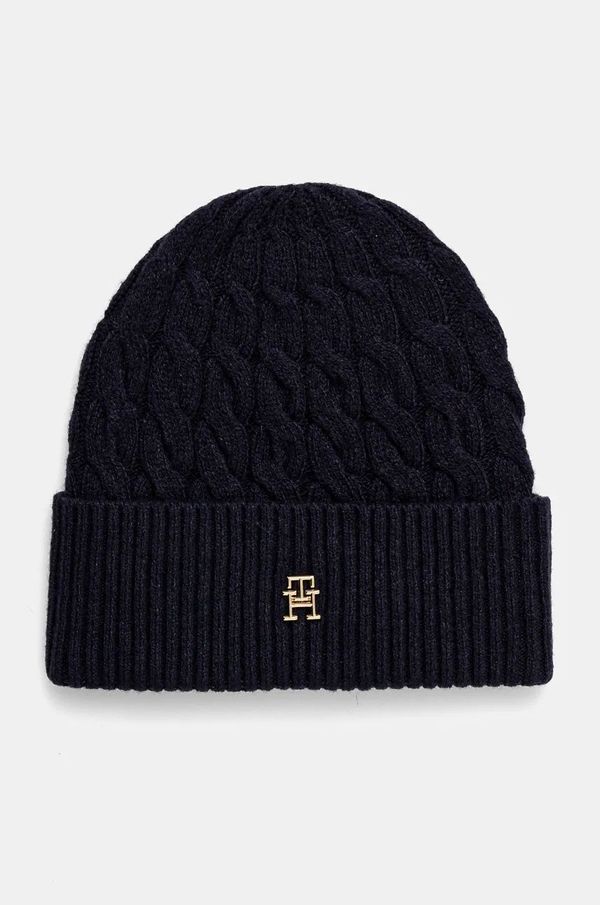 Tommy Hilfiger Vunena kapa Tommy Hilfiger boja: tamno plava, od tanke pletenine, vunena, AW0AW16629