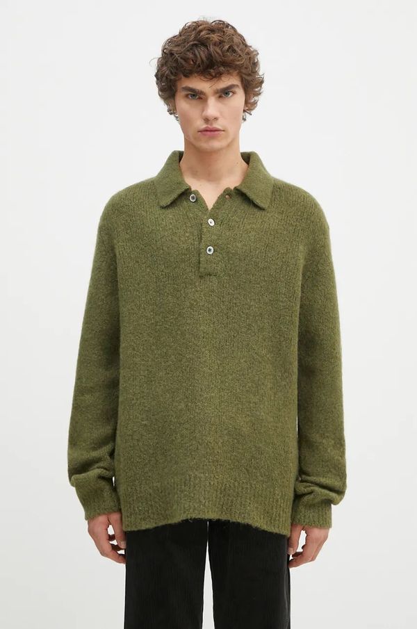 Norse Projects Vuneni pulover Norse Projects Rasmus Relaxed Brushed Polo za muškarce, boja: zelena, N45.0614.8098