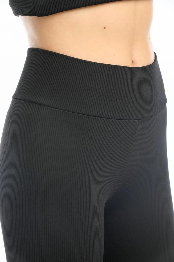 dewberry 80927 Dewberry High Waist Ribbed Interlock Womens Tights-BLACK