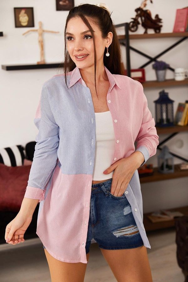 armonika armonika Women's Blue Striped Two-tone Long Sleeve Loose Shirt