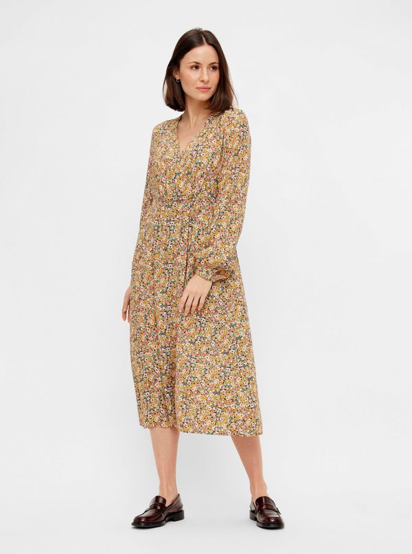 Pieces Beige Floral Midi Dress Pieces Gry - Women
