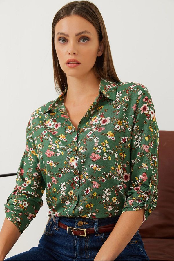 Bianco Lucci Bianco Lucci Women's Folded Sleeve Patterned Viscose Shirt