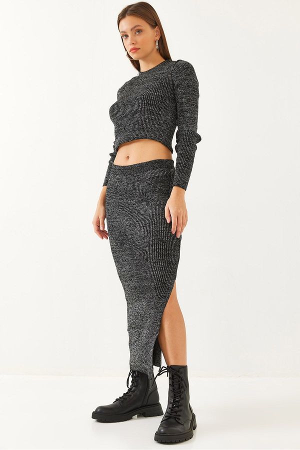 Bianco Lucci Bianco Lucci Women's Glittery Slit Detailed Knitwear Top-Bottom Set 9911