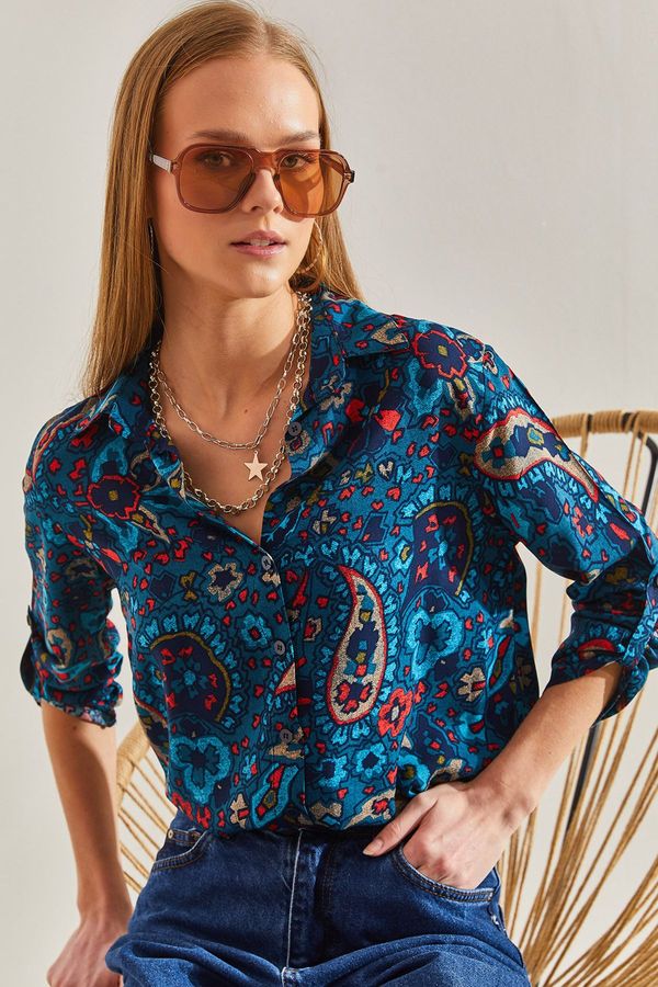 Bianco Lucci Bianco Lucci Women's Sleeve Fold Floral Pattern Viscose Shirt