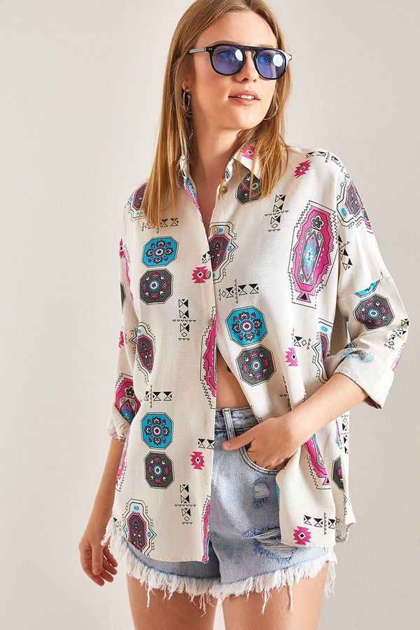 Bianco Lucci Bianco Lucci Women's Sleeve Folded Patterned Linen Shirt