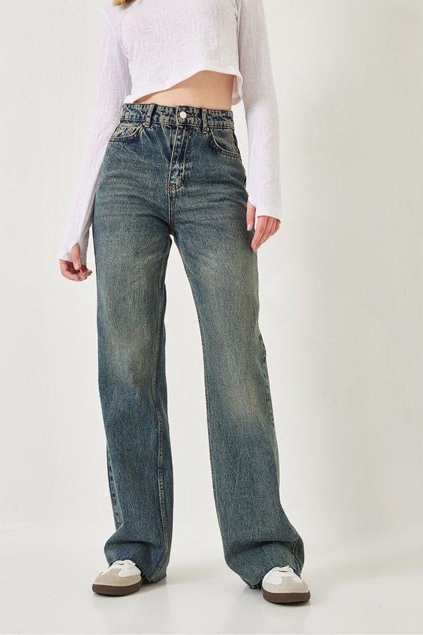 Bianco Lucci Bianco Lucci Women's Straight Wide High Waist Leg Cut Long Denim Washed Trousers 1077