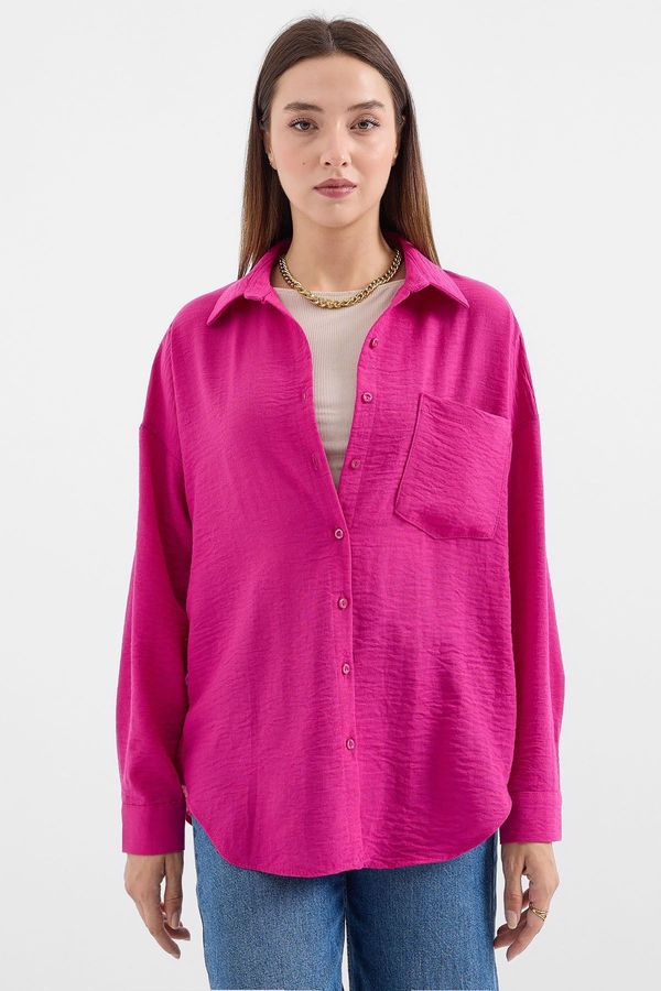 Bigdart Bigdart 20153 Single Pocket Oversize Linen Shirt - Dark Pink