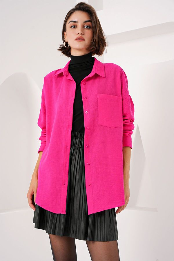 Bigdart Bigdart 20153 Single Pocket Oversize Linen Shirt - Fuchsia
