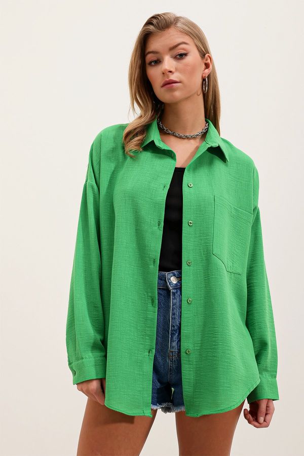 Bigdart Bigdart 20153 Single Pocket Oversize Linen Shirt - Green