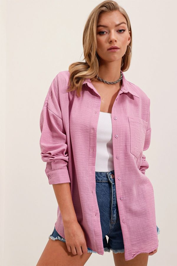 Bigdart Bigdart 20153 Single Pocket Oversize Linen Shirt - Powder