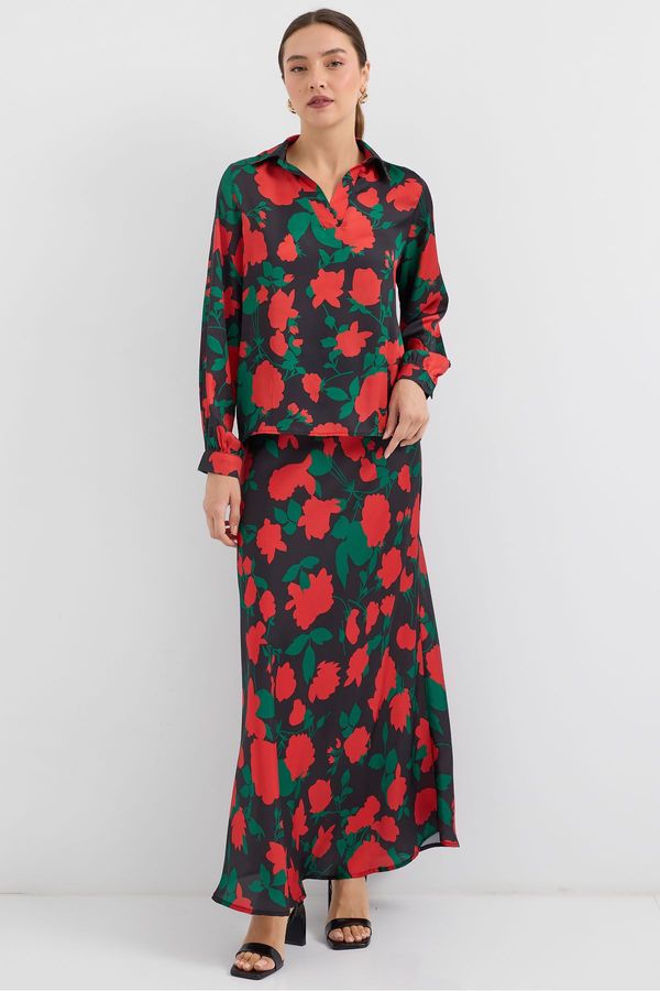 Bigdart Bigdart Women's Black Red Patterned Satin Two Piece Suit 8018