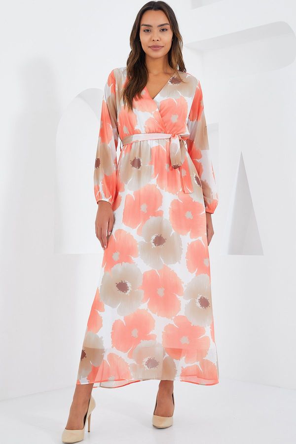 Bigdart Bigdart Women's Orange Beige Floral Patterned Chiffon Dress 2134