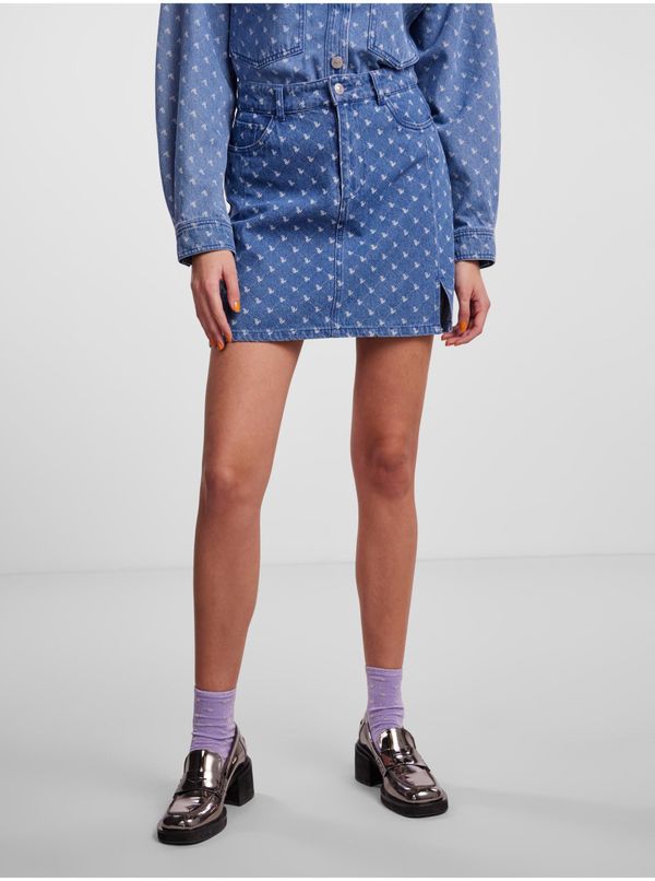 Pieces Blue Women's Denim Patterned Mini Skirt Pieces Nursel - Women's