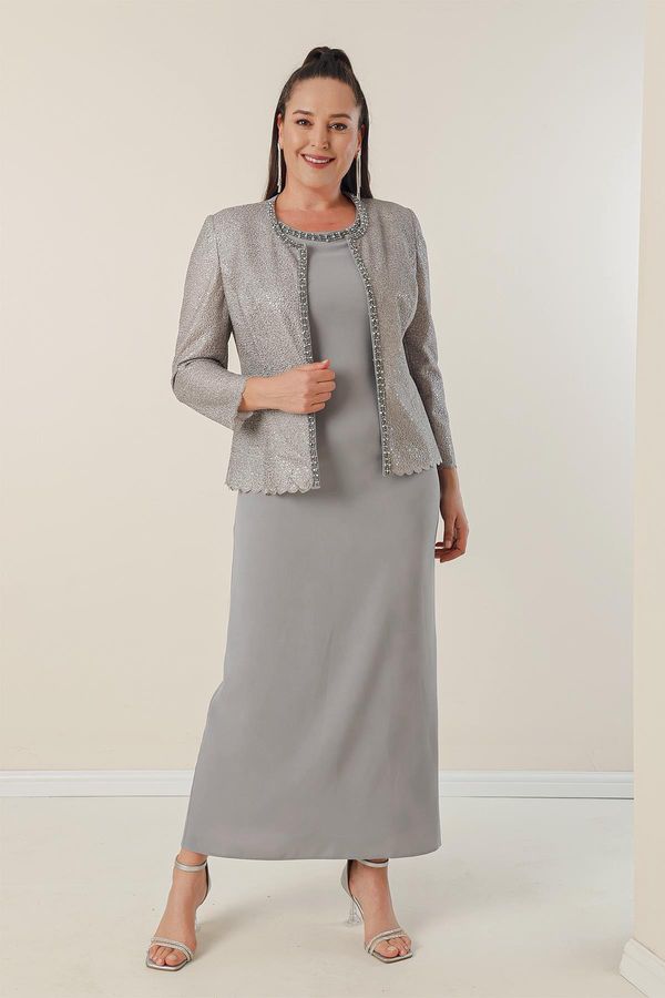 By Saygı By Saygı Long Crepe Dress with Stones and Lined Collar, Sequin Jacket Plus Size 2-Piece Suit