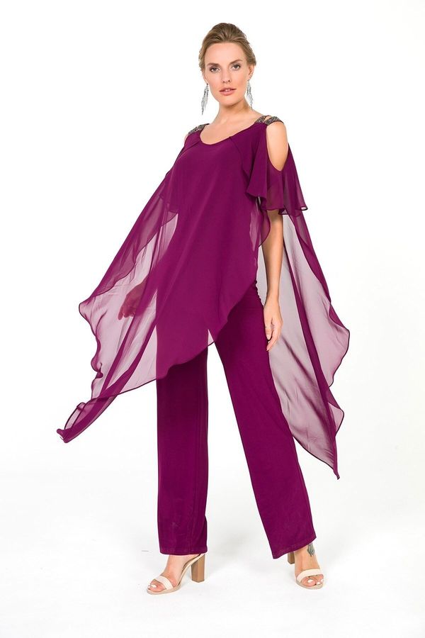 By Saygı By Saygı Rhinestone Shoulders Chiffon Lycra Jumpsuit