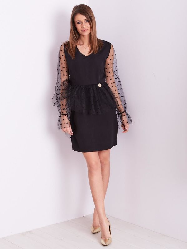 Fashionhunters Crna elegantna haljina s rukavima od tila