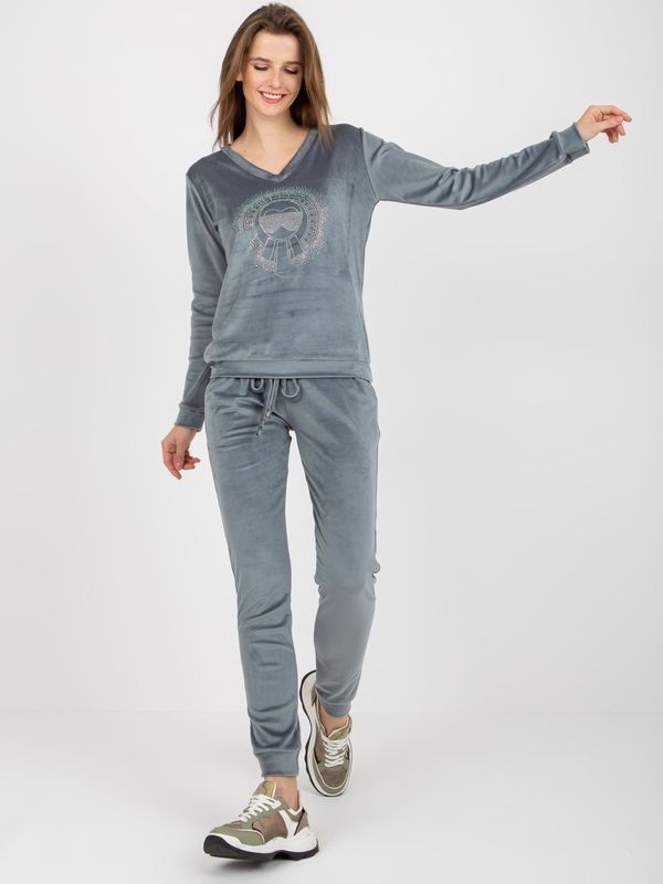 Fashionhunters Dark blue women's velour set with application