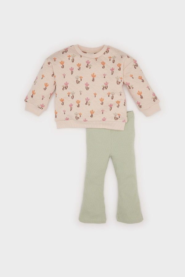 DEFACTO DEFACTO Baby Girl 2-Piece Set Crew Neck Floral Quilted Sweatshirt Bell-bottom Leggings