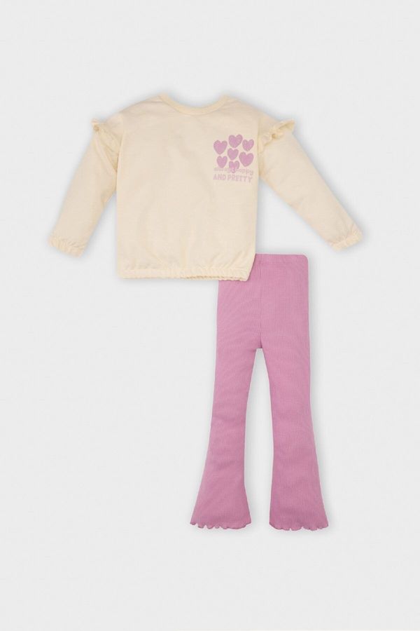 DEFACTO DEFACTO Baby Girl 2-Piece Set Heart Patterned Crew Neck Sweatshirt Top Elastic Waist Bell-bottomed Leggings