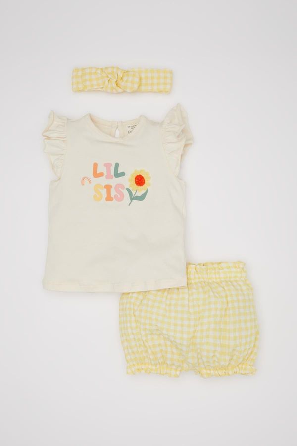 DEFACTO DEFACTO Baby Girl Printed Sleeveless T-Shirt Checked Crinkle Shorts Headband 3-Piece Set