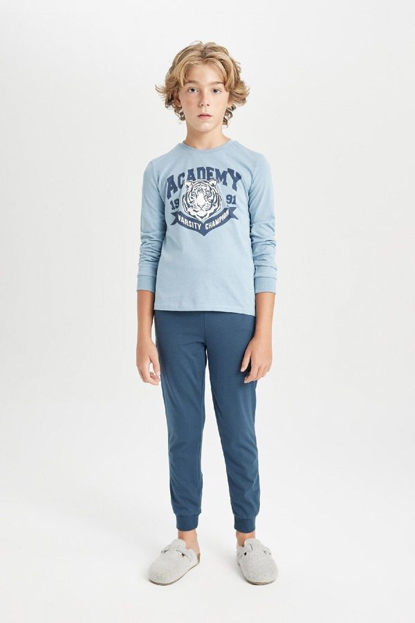 DEFACTO DEFACTO Boy's Pajama Set Crew Neck Text Printed Long Sleeve Top Long Bottom