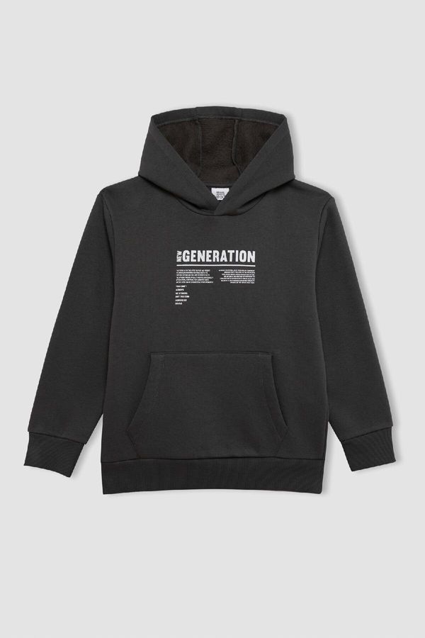 DEFACTO DEFACTO Boy's Pocket Text Printed Hooded Thick School Sweatshirt
