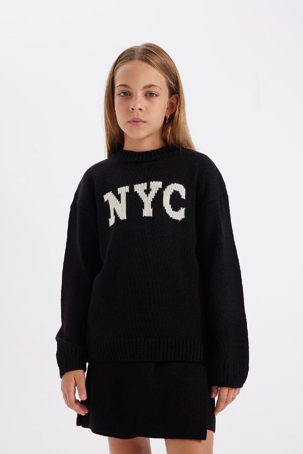 DEFACTO DEFACTO Girl Oversize Wide Pattern Crew Neck Printed Patterned Knitwear Sweater
