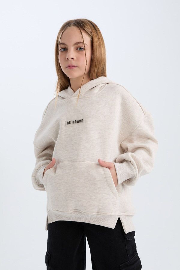 DEFACTO DEFACTO Girl Oversize Wide Pattern Hooded Printed Soft Furry Thick Sweatshirt