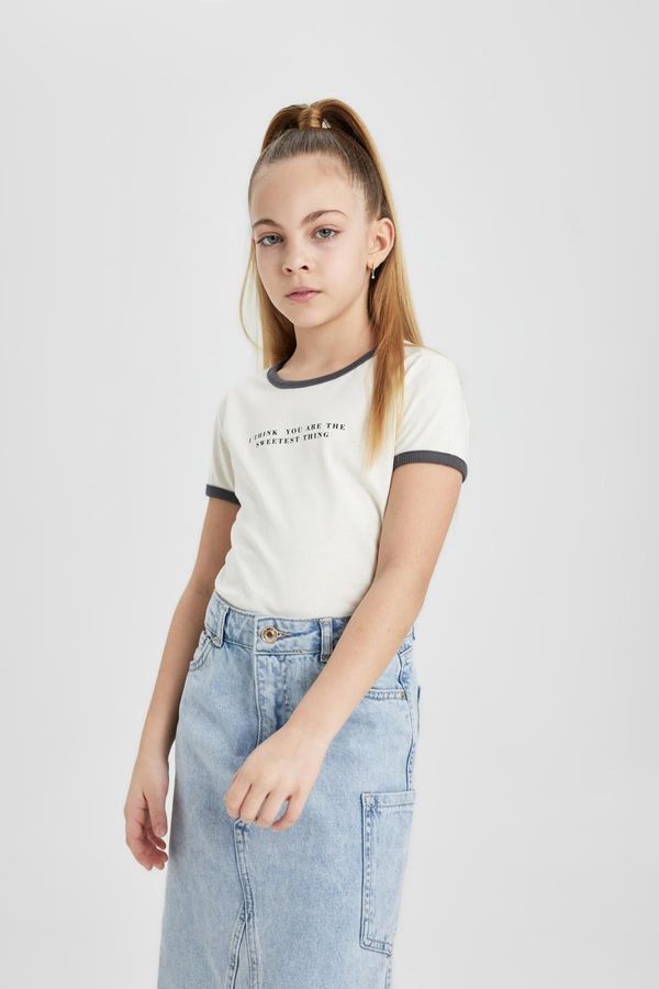 DEFACTO DEFACTO Girls Crew Neck Crop Printed Short Sleeve T-Shirt