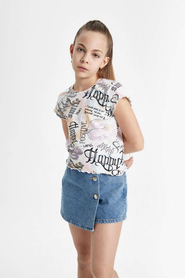 DEFACTO DEFACTO Girls Crew Neck Patterned Short Sleeve Crop T-Shirt