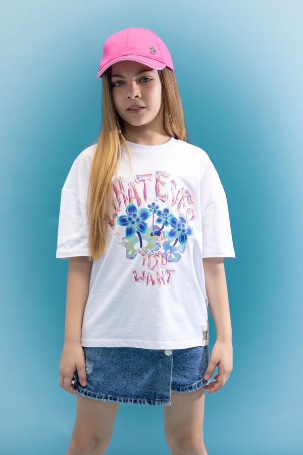DEFACTO DEFACTO Girls Oversize Fit Crew Neck 3d Printed Short Sleeve T-Shirt