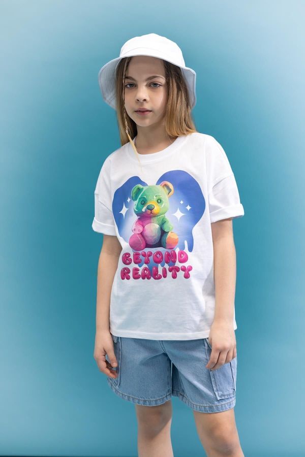 DEFACTO DEFACTO Girls Oversize Wide Pattern Crew Neck 3D Printed Short Sleeve T-Shirt
