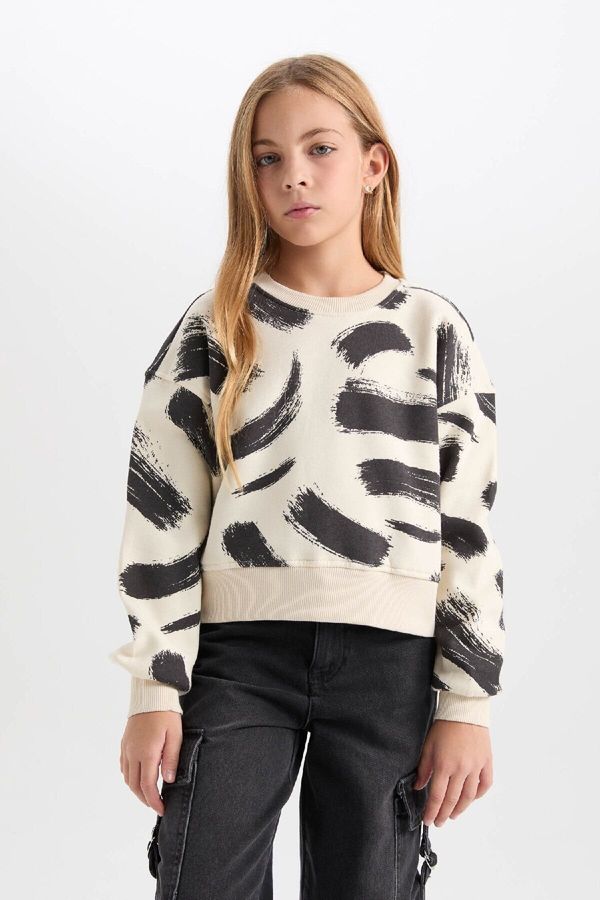 DEFACTO DEFACTO Girl's Patterned Crew Neck Thick Sweatshirt Fabric Sweatshirt