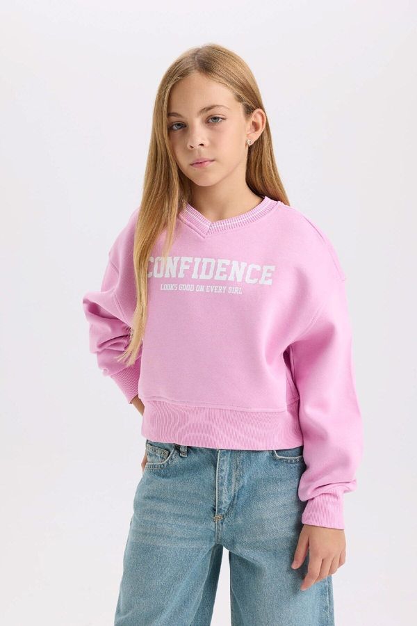 DEFACTO DEFACTO Girl's V-Neck Printed Soft Fluffy Thick Fabric Sweatshirt