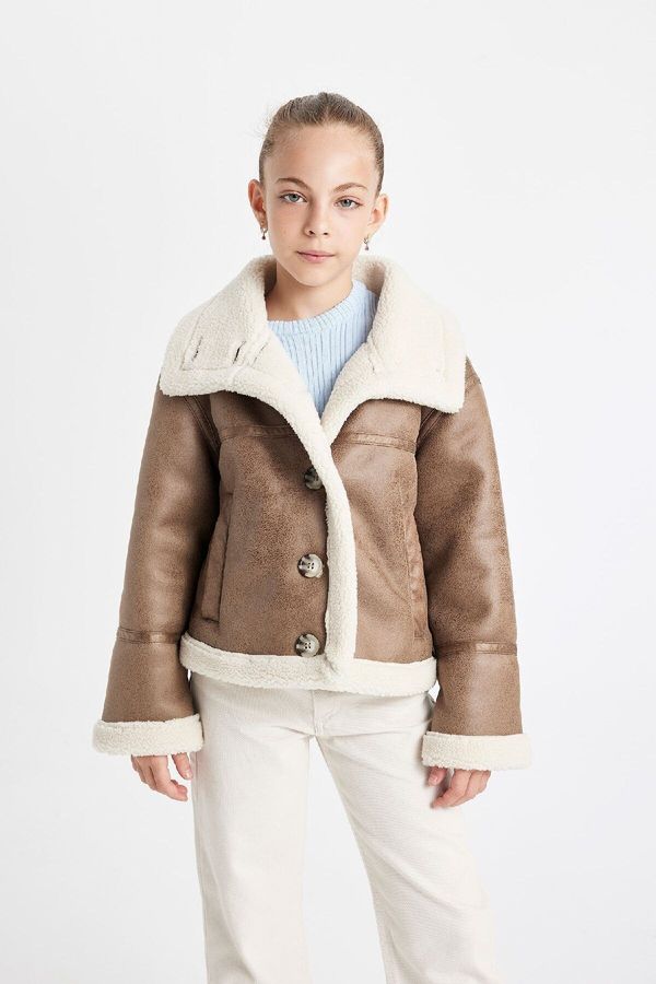 DEFACTO DEFACTO Girls Water Repellent Large Collar Plush Lined Buttoned Jacket Coat