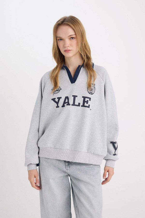 DEFACTO DEFACTO Gray Yale University Oversize Wide Fit Polo Neck Printed Thick Sweatshirt