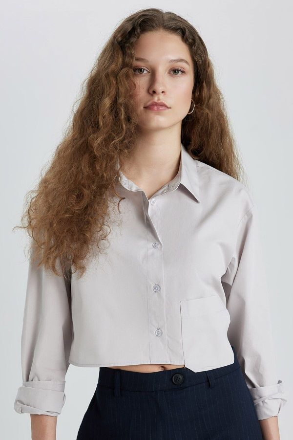 DEFACTO DEFACTO Oversize Wide Pattern Crop Poplin Long Sleeve Shirt