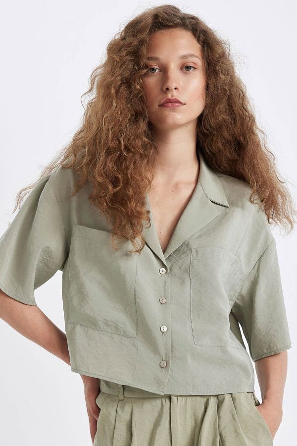 DEFACTO DEFACTO Oversize Wide Pattern Pajama Collar Modal Short Sleeve Shirt