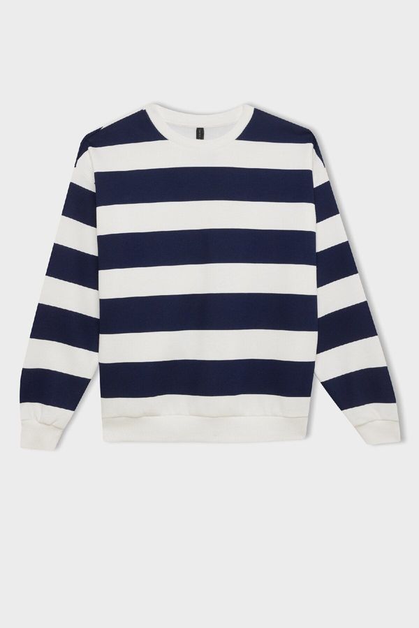 DEFACTO DEFACTO Relax Fit Crew Neck Striped Thick Sweatshirt