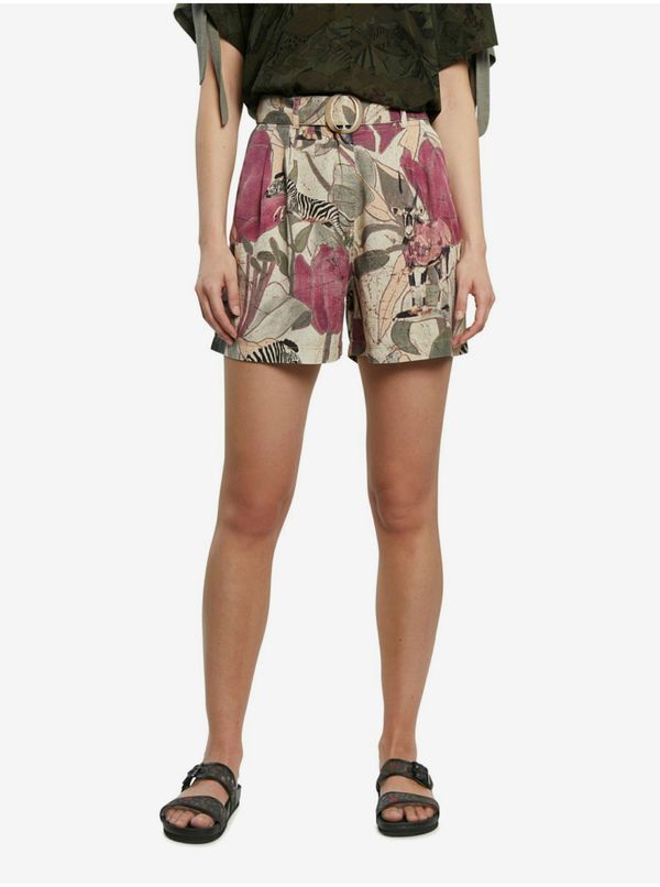 DESIGUAL Desigual Khaki shorts with a colorful tropical pattern Pant Etnican - Women's
