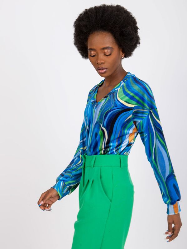 Fashionhunters Evelyn Blue Blouse with Long Sleeves and V-Neck