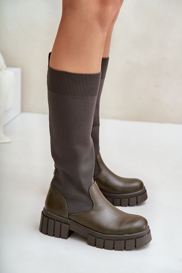 FS1 FS1 Knee Boots With Elastic Shaft On Flat Heel Light Beige Mesidra